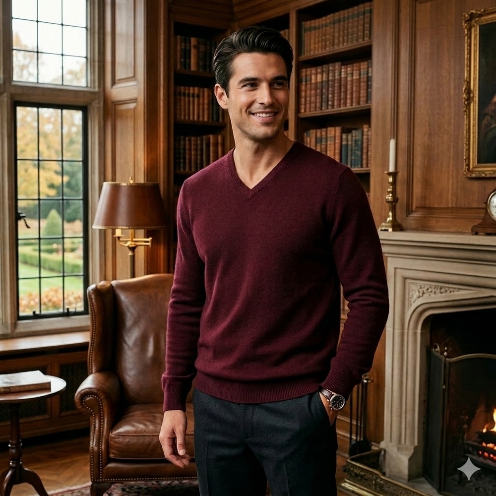 Club Room Estate Cashmere Men's Quiet Luxury Burgendy V-Neck Sweater Size Medium